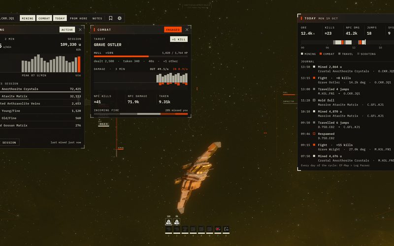 The EF Helper overlay's mining, combat and live log windows drawn over the game